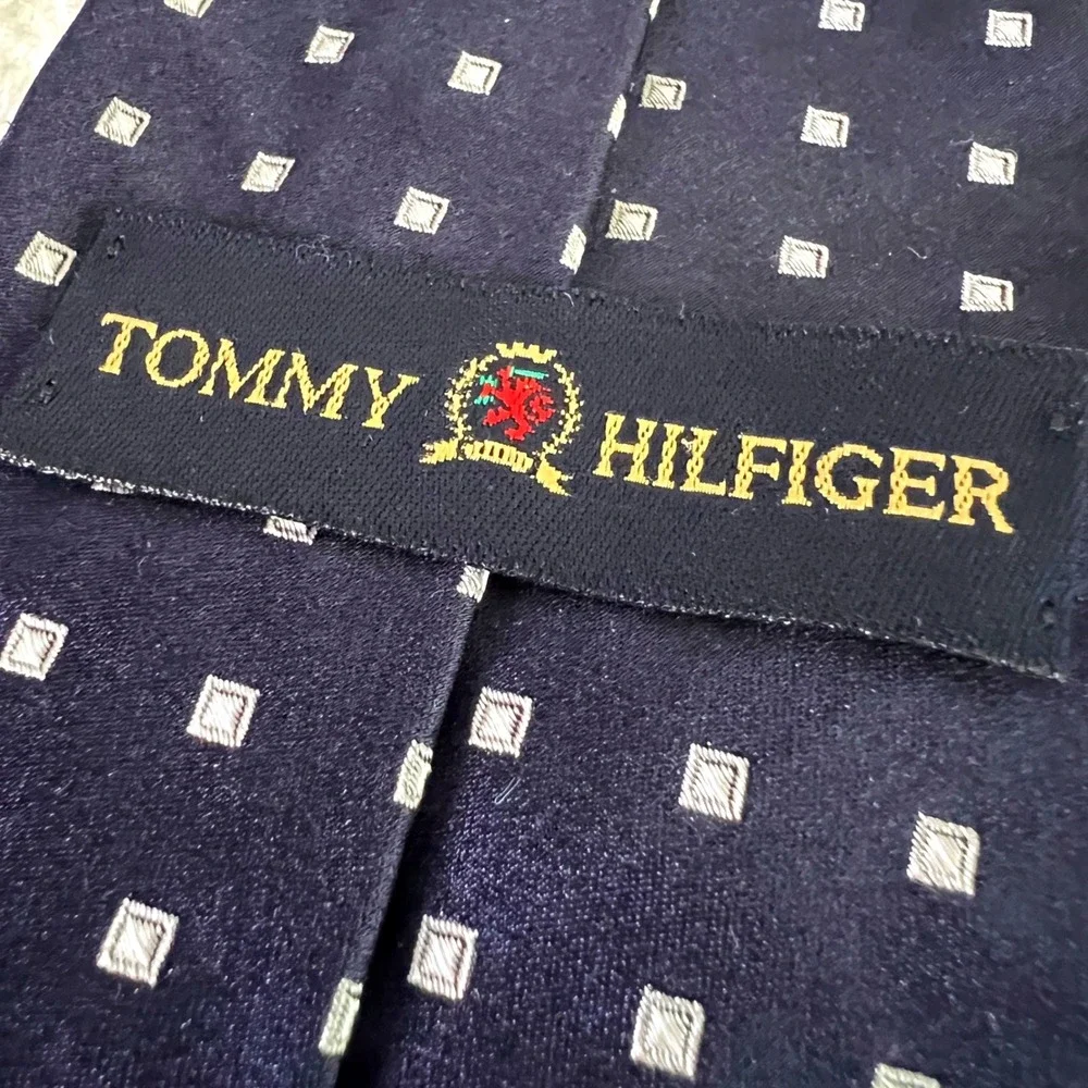 Tommy Hilfiger Silk Tie OS Mens Geometric Square Pin Dot Navy Blue Preppy USA